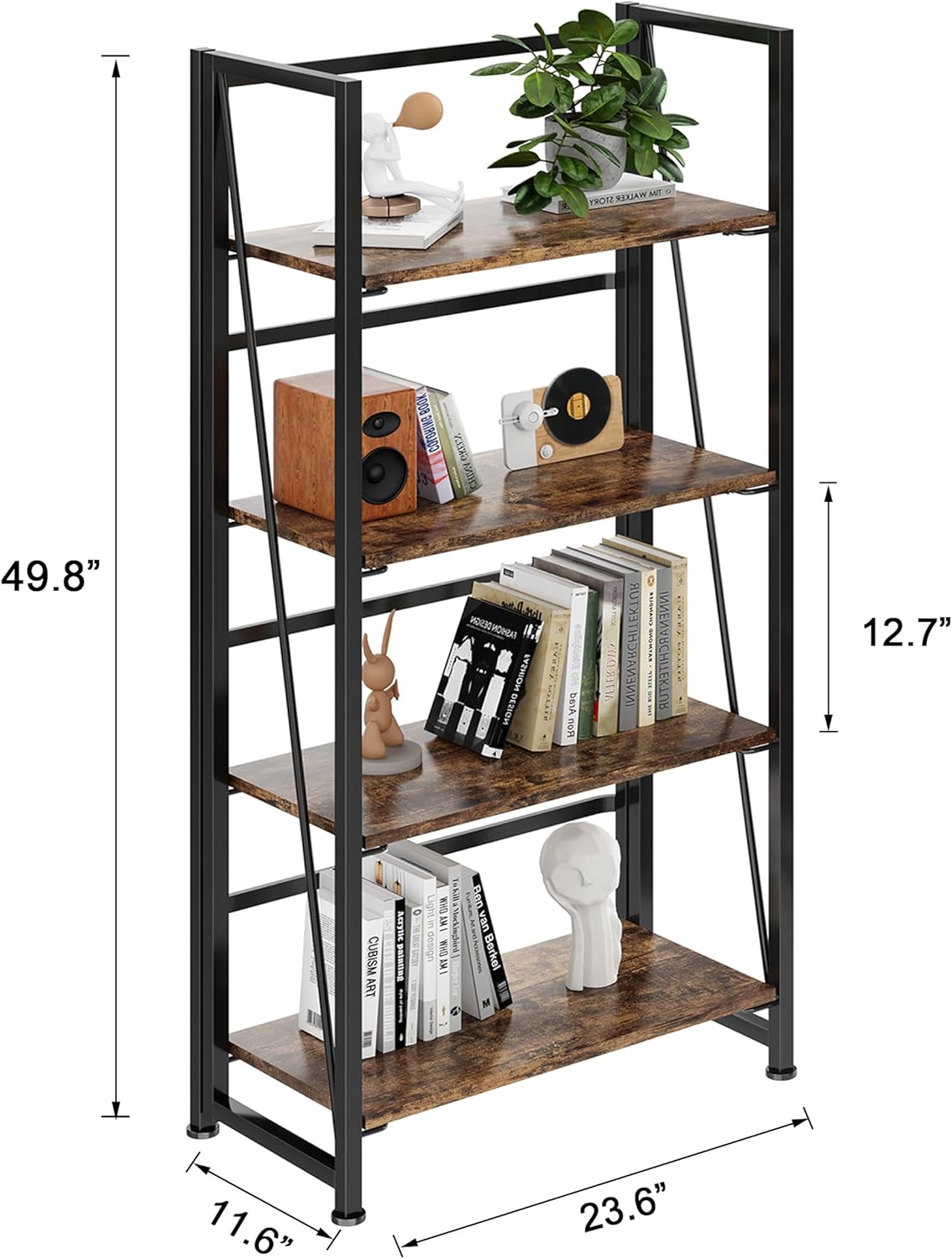 BHG Vintage Multifunctional Bookcase Folding Bookshelf, No-Assembly Plant Stand Storage Rack Shelves for Home Office (Fire, 4-Tier)