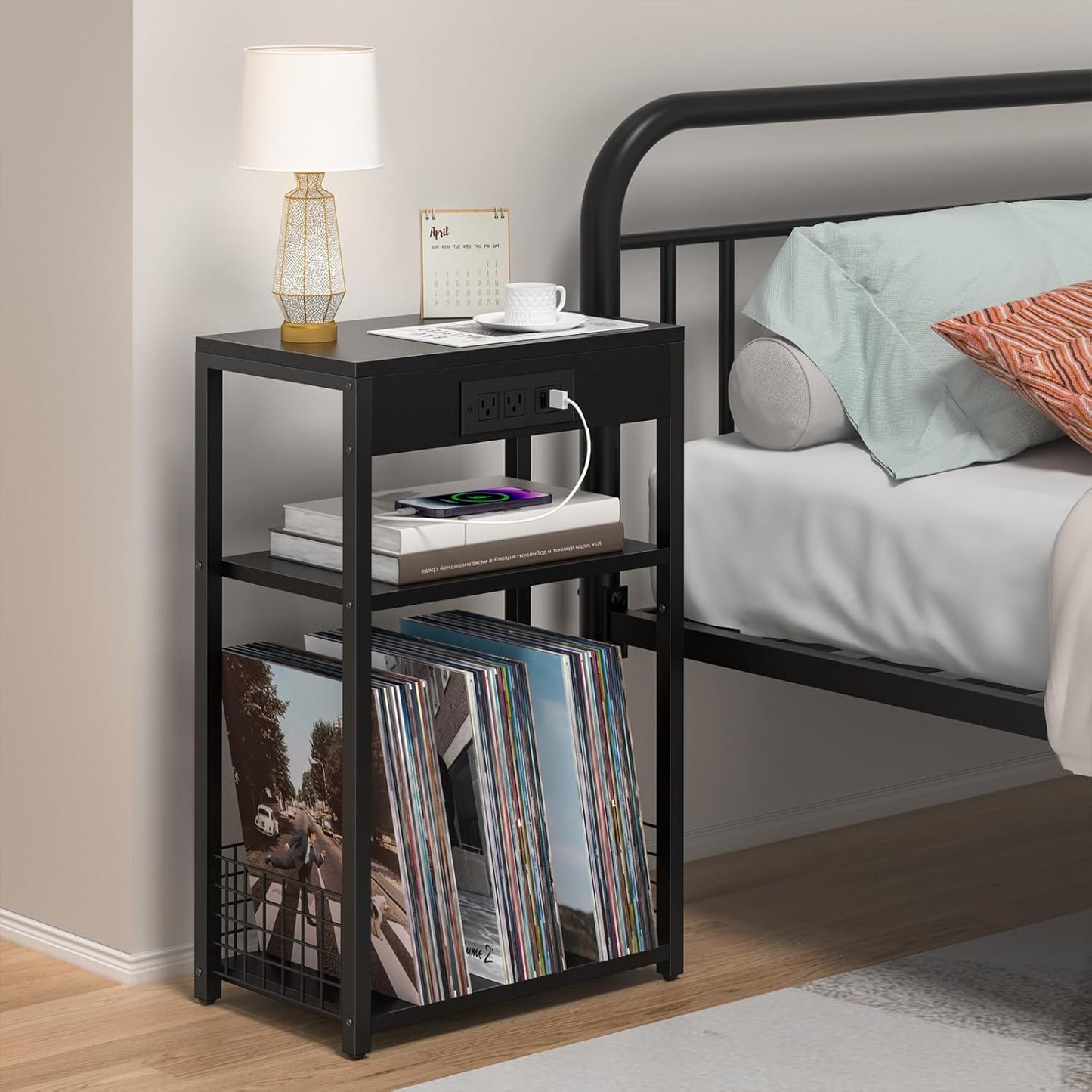 LELELINKY 3 Tier End Table with Charging Station, Black Record Player Stand with Storage Up to 100 Albums Brown, Night Stand with USB Port, Nightstand for Small Spaces
