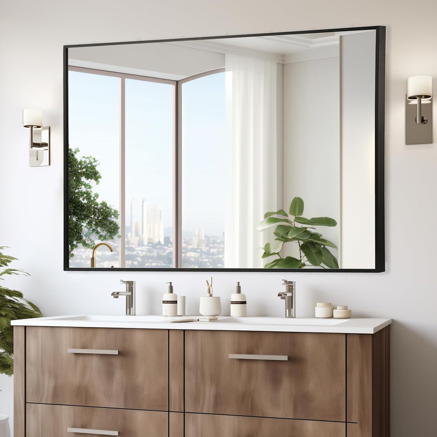 Black Bathroom Mirror, 20"x30" Rectangle Mirror, Matte Black Mirror, Metal Frame Square Corner Vanity Mirror, Wall Mounted Mirror for Modern, Living Room, Bedroom, Horizontal Or Vertical