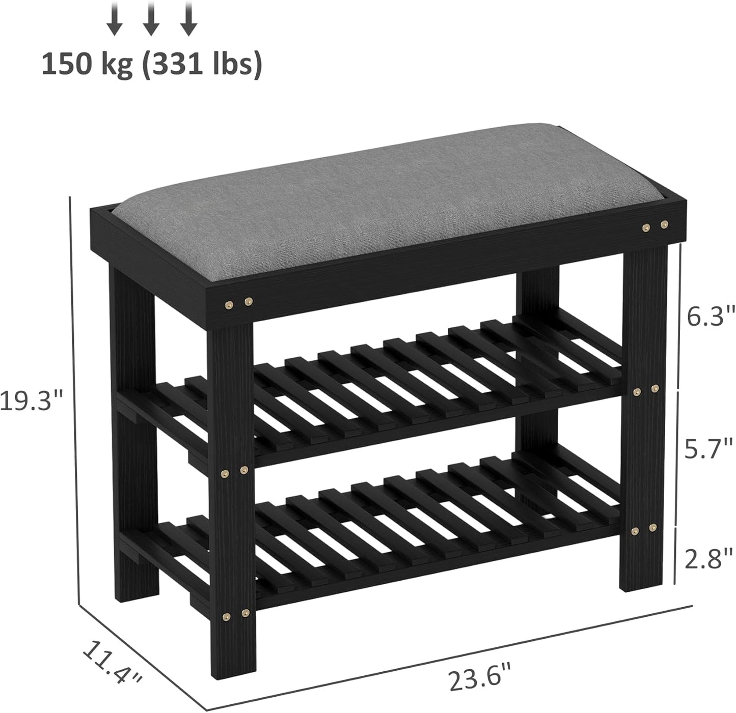 HOMCOM Bamboo Shoe Bench, 3-Tier Entryway Bench with Storage and Cushion, Shoe Organizer for Entryway, Hallway, Holds Up to 331 lbs, 23.6 x 11.4 x 19.3 Inches, Black