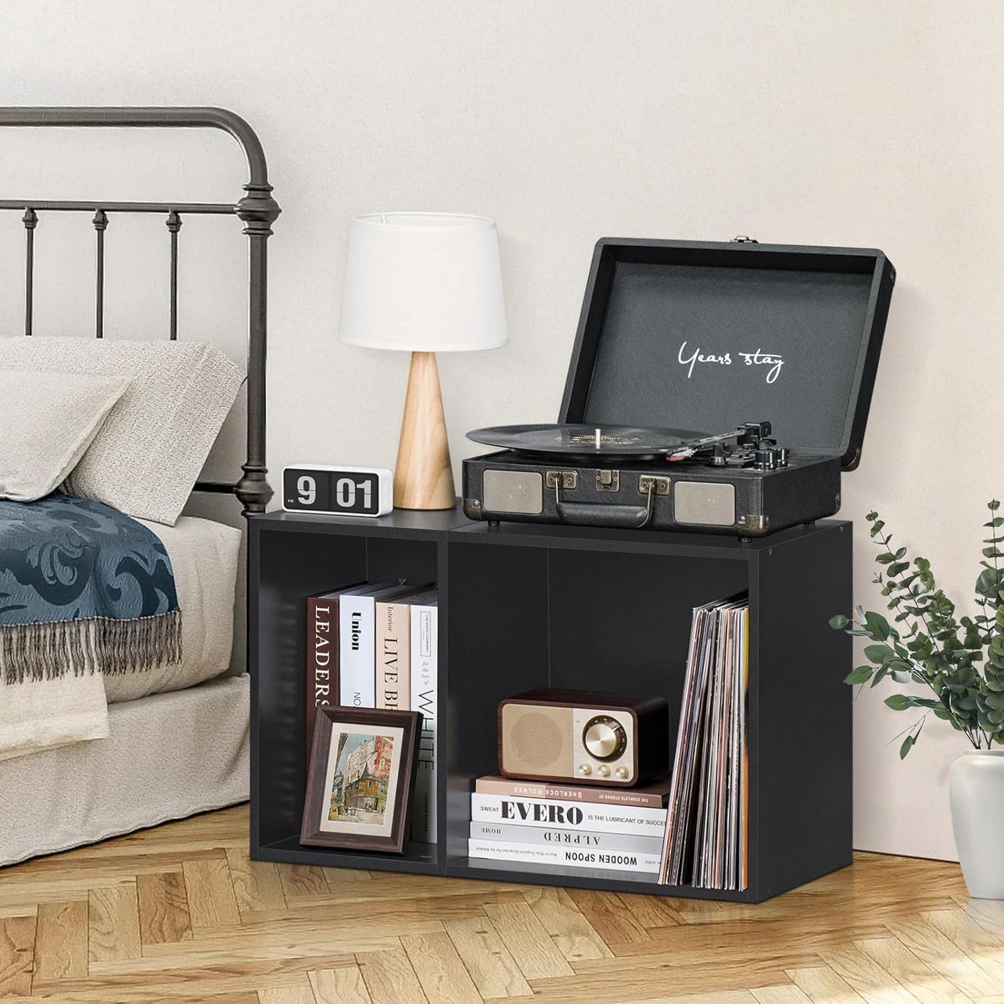 YAHARBO 2 Cube Bookshelf, Black Record Player Stand with Vinyl Storage Up to 100 Albums, Horizontal Book Shelf, Small Cubby Bookcase with Storage Organizer, Turntable Stand for Living Room, Bedroom