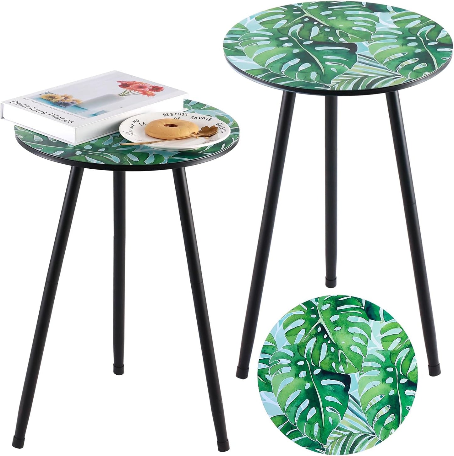 2 Packs Metal Leaf Round Side Tables 13.4" Small Outdoor Patio Round Accent Coffee Tables Indoor Corner Stand for Small Spaces Weather-Resistant for Balcony, Porch Plant Stands Indoor