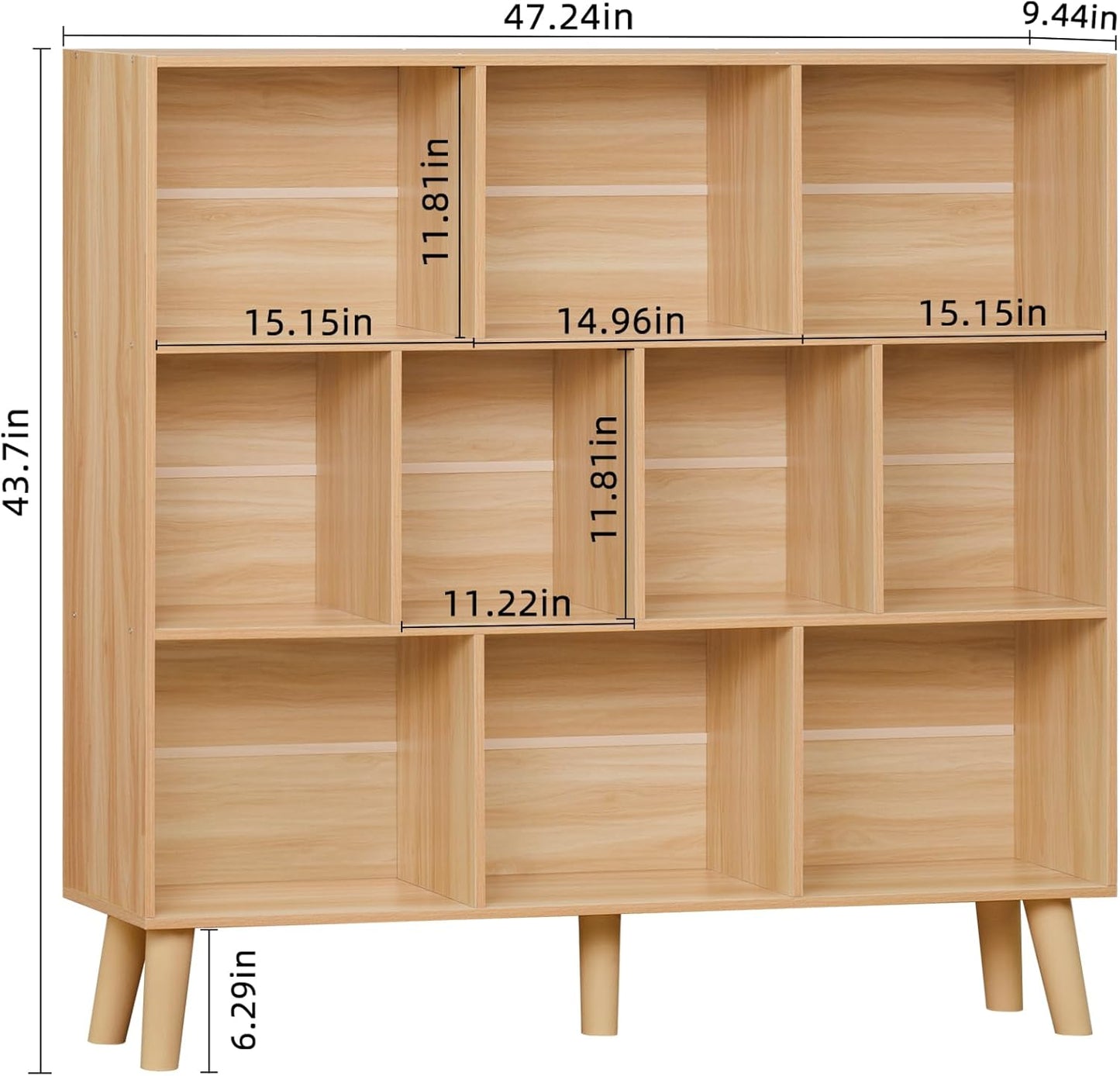 LEYAOYAO 10 Cube Bookshelf,3 Tier Modern Wide Bookcase with Legs,Mid-Century Wood Bookshelves Storage,Natural Large Book Case,Freestanding Organizer Display Shelf for Bedroom,Living Room,Office