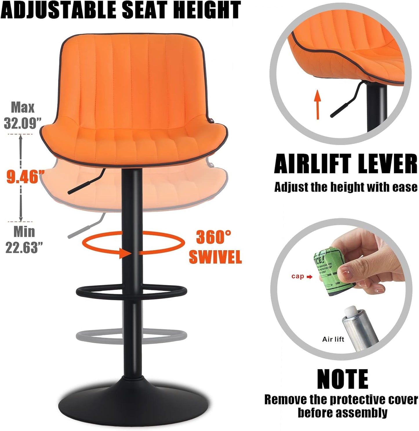 YOUNIKE Orange Bar Stools Set of 2 Kitchen Counter Height Barstools with Backs Swivel High Faux Leather Paddedt Bar Chairs Modern Adjustable Tall Stools for Breakfas Island