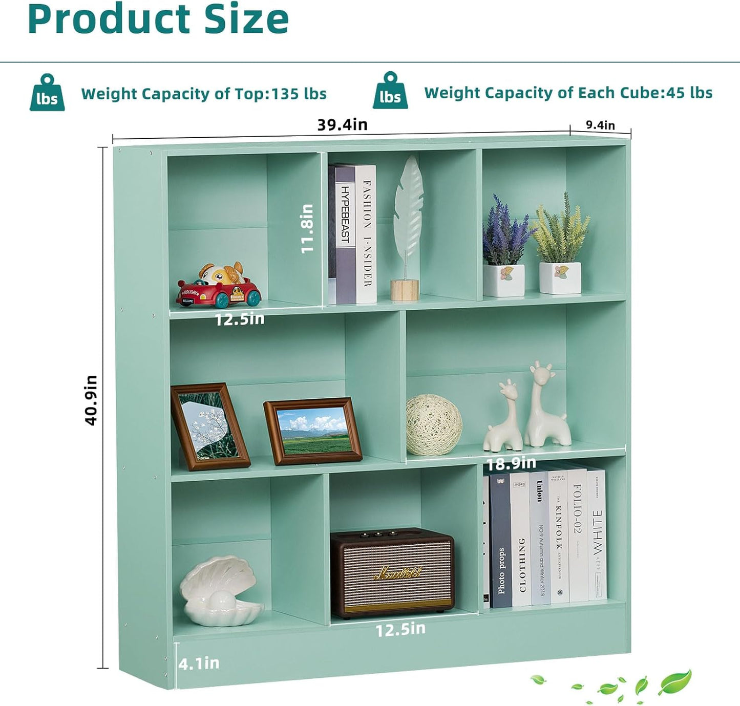 LEYAOYAO 8 Cube Bookshelf with Base,3 Tier Modern Mint-Green Kids Bookcase,Standing Wide Bookshelves Storage Organizer Toy Shelf,Wood Display Children's Book Shelves for Bedroom,Living Room,Nursery