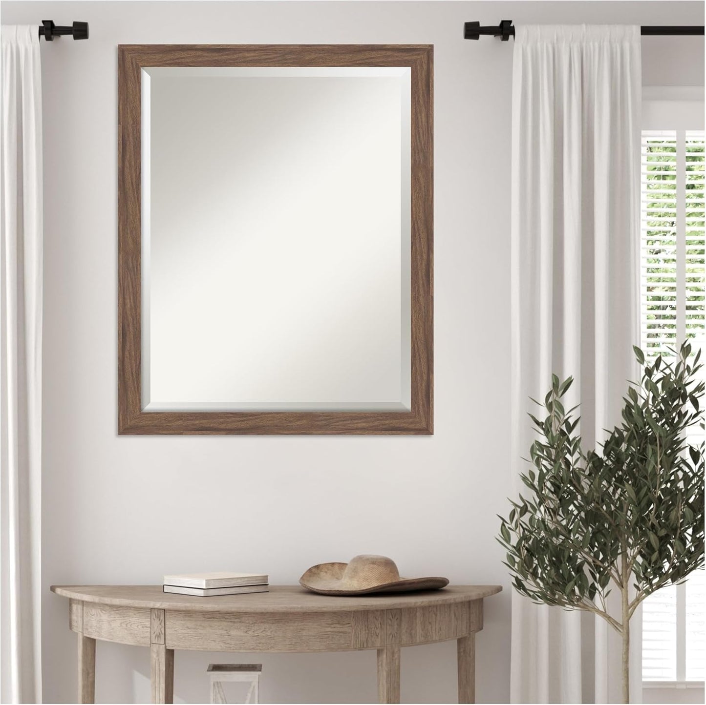 Amanti Art Brown Wall Mirror 25x31 Pia Medium Brown Narrow Rectangle Bathroom Mirror for Wall Decor Living Room, Large Casual Frame, Hangs Horizonally and Vertically, Bathroom Decor, Beveled Edge