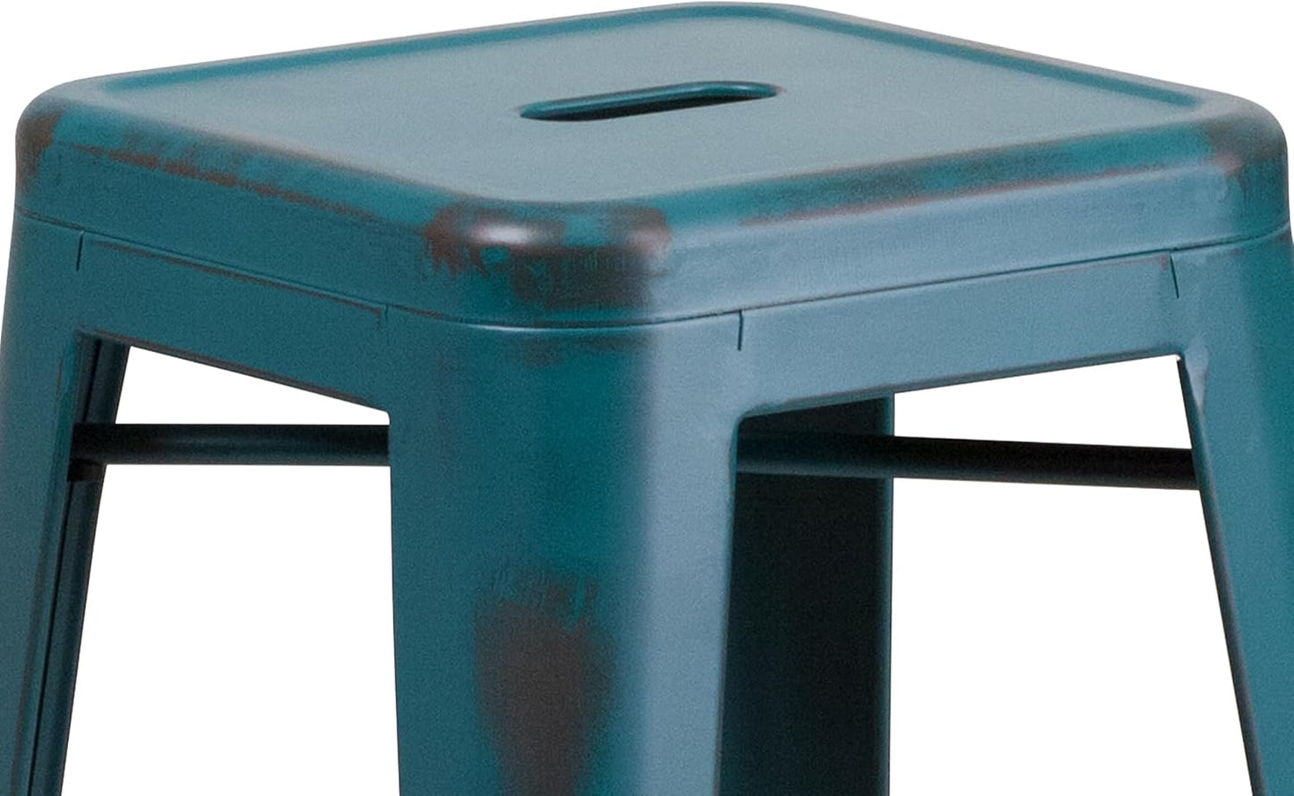 Flash Furniture Kai Commercial Grade 30" High Backless Distressed Kelly Blue-Teal Metal Indoor-Outdoor Barstool
