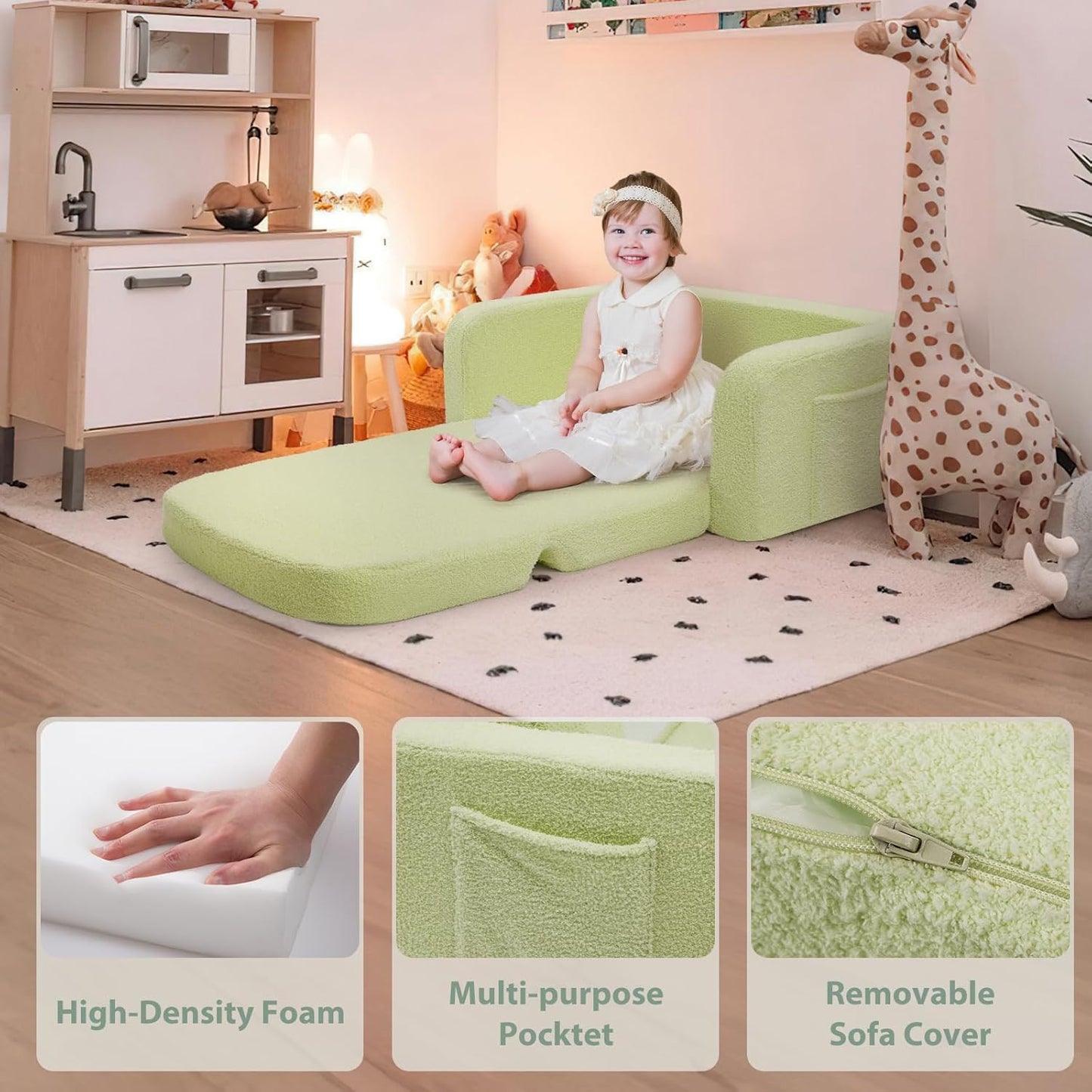 Extra Wide Kids Couch, 2-in-1 Soft Toddler Couch with Blanket, Comfy Toddler Chair, Convertible Sofa to Lounger with Cute Colorful Rainbow Design, Green