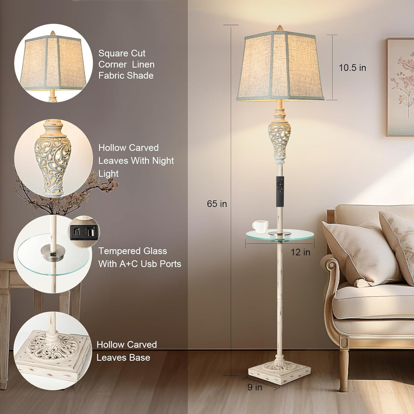 Rustic Floor Lamp, Living Room Lamps with Glass Tray, stepless diming Floor Lamp with Remote Control and USB A&C Charging Ports for Living Room Bedroom Office Smart Bulbs Included