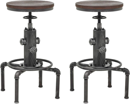 Topower Antique Vintage Industrial Barstool Solid Wood Water Pipe Fire Hydrant Design Cafe Coffee Industrial Bar Stool Set of 2 Silver