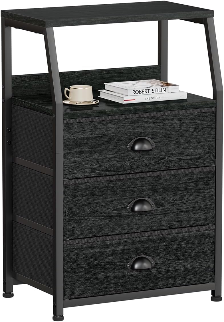Furnulem Black Night Stand, Small Dresser for Bedroom, Nightstand with 3 Fabric Storage Drawers and 2-Tier Shelf, End Table Side Furniture for Closet, Hallway, Nursery, Sturdy Steel Frame, Wood Top