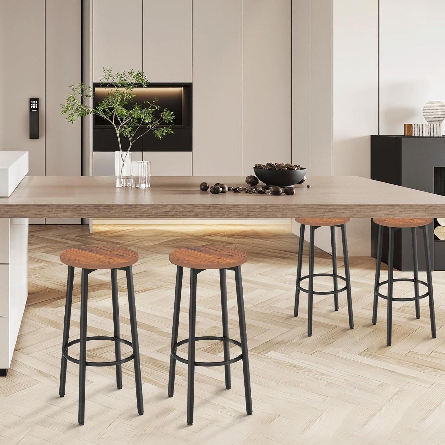 Athena Collection Bar Stools Set of 2, 25.5 Inches Round Counter Height Bar Stools Backless with Metal Legs and Footrest, Wood Barstools for Home, Kitchen Island, Counter, Brown