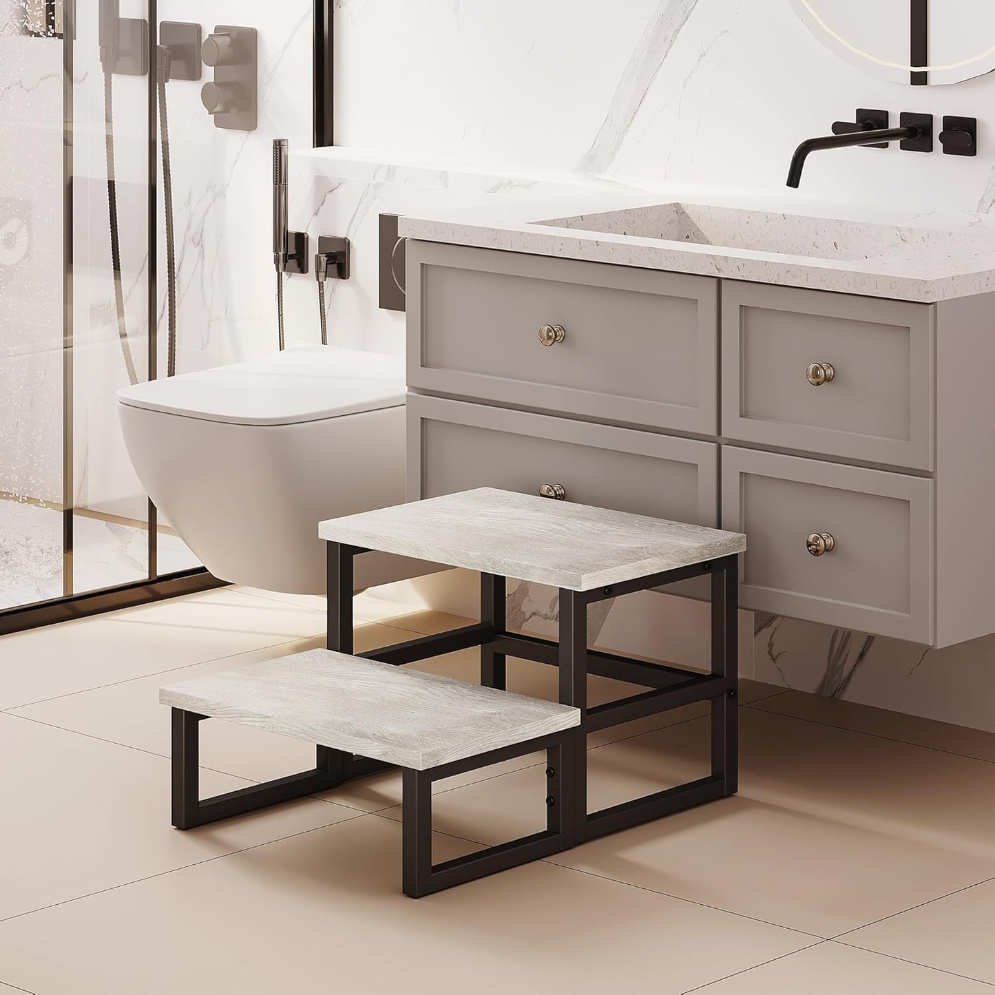 Homeiju 3 in 1 Step Stools for Adults Kids Toddler, Heavy Duty Wooden Step Stool with Non-Slip Pads, 2 Tire Step Stool for Kitchen Bathroom Bedroon Stepping Stool, Light Grey