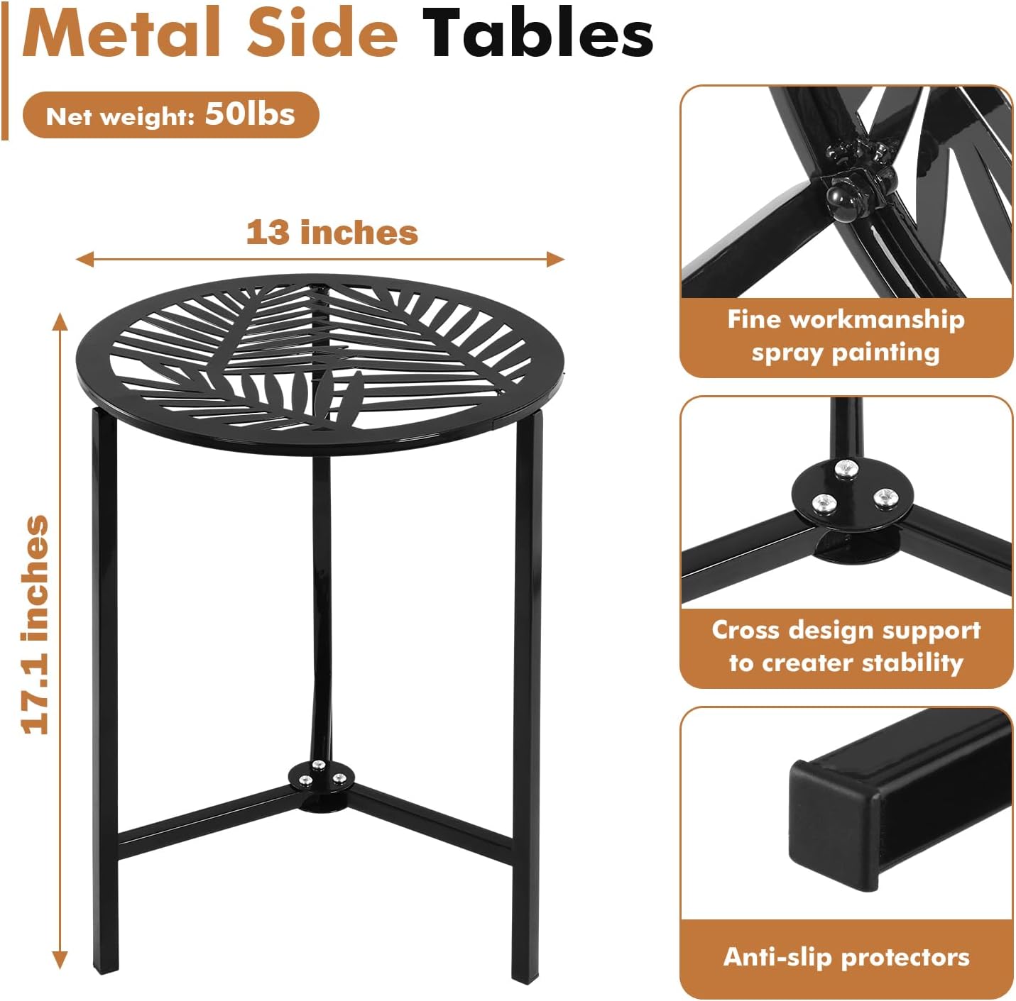 2 Packs 13" Metal Outdoor Side Tables Small Black Outside End Table for Patio Round Accent Corner Stand for Small Spaces Weather-Resistant Coffee Table for Balcony Porch Plant Stand, Pinna Form Leaf