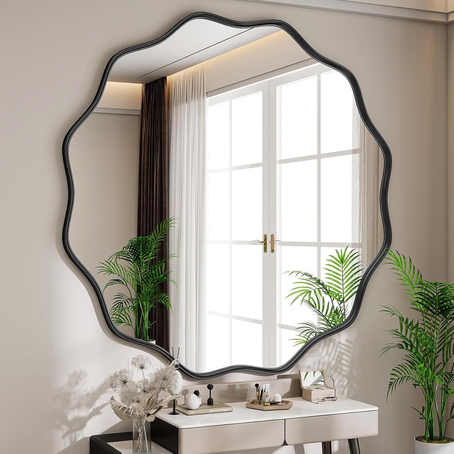 Round Wavy Mirror, 42 Inch Metal Frame Circle Mirror, Round Wall Mounted for Entryway, Bathroom, Vanity, Living Room, Black