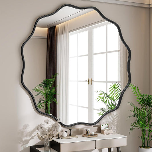 Round Wavy Mirror, 42 Inch Metal Frame Circle Mirror, Round Wall Mounted for Entryway, Bathroom, Vanity, Living Room, Black