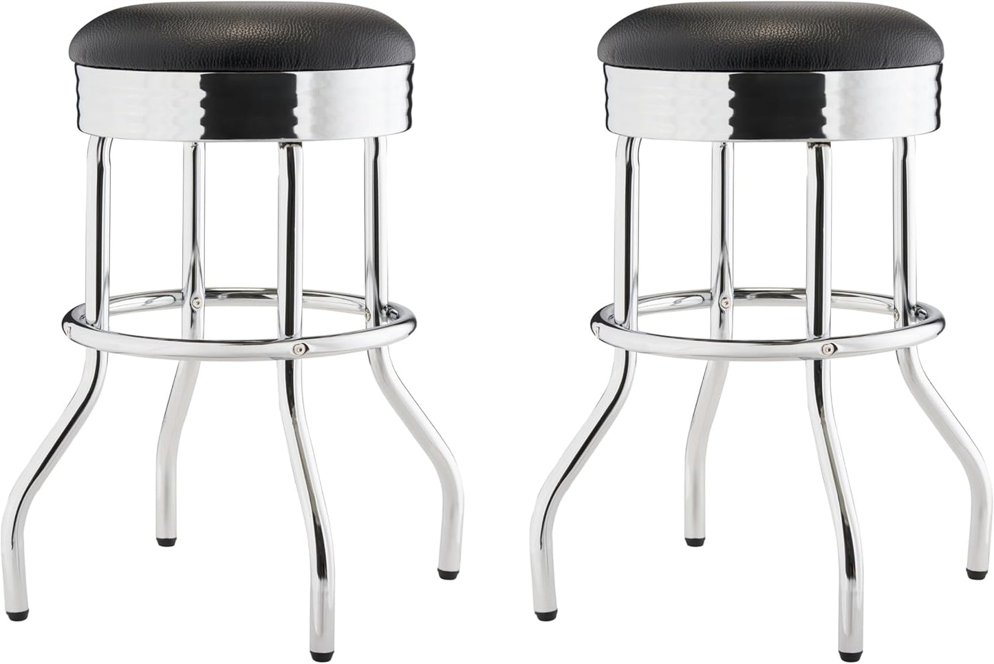TRINITY Heavy Duty 25-Inch Backless Swivel Bar Stool for Kitchen, Garage, or Workshop, Chrome Finish with Faux Leather Seat, 2 Pack, Black