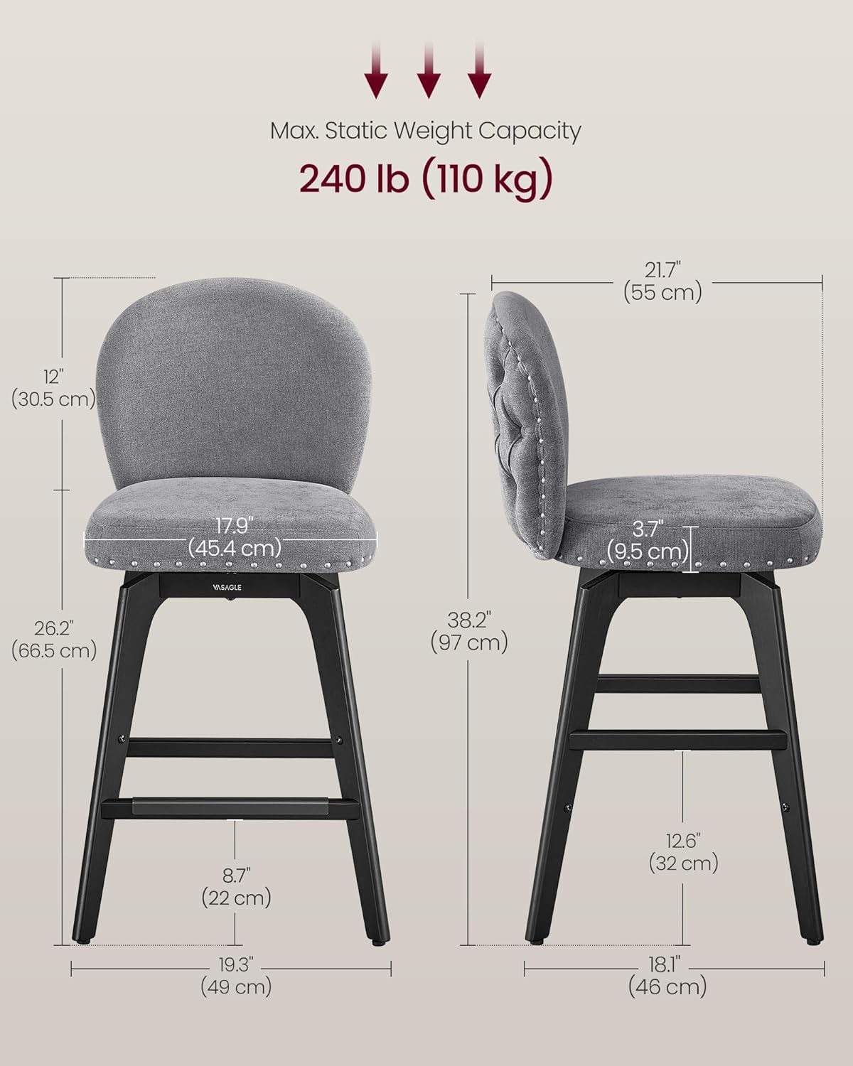 VASAGLE Bar Stools Set of 4, Swivel Counter Height Bar Stools with Back and Wood Legs, Chenille Fabric Upholstered Barstools, 26.2-Inch Tall Counter Barstools for Kitchen Island, Slate Gray