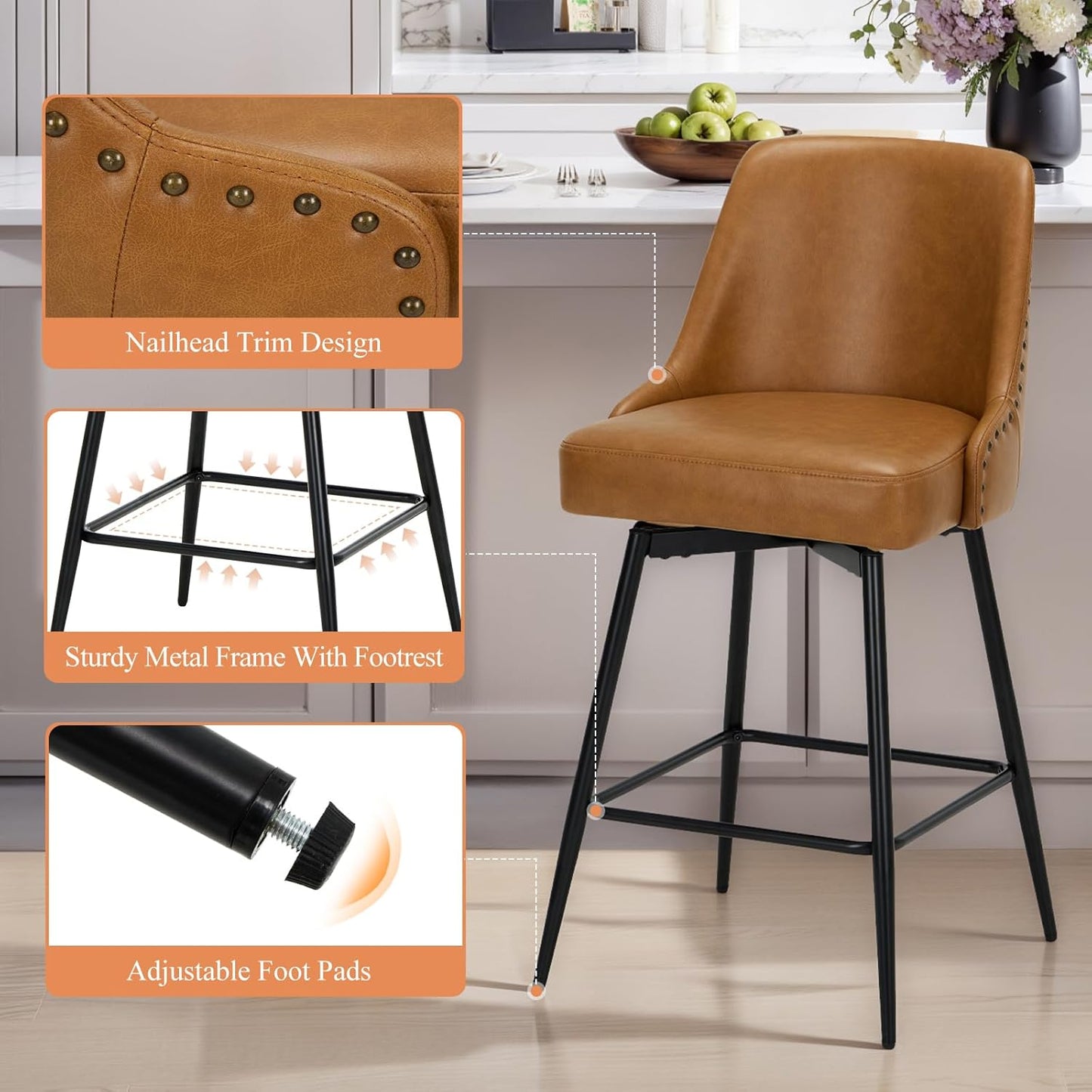COLAMY Bar Stools Set of 2, 26.18" Counter Height Swivel Stools with Thick Padded Seat, Adjustable Footrest & 360° Rotation, Premium PU Leather Upholstery for Kitchen Island/Home Bar/Cafe, Brown