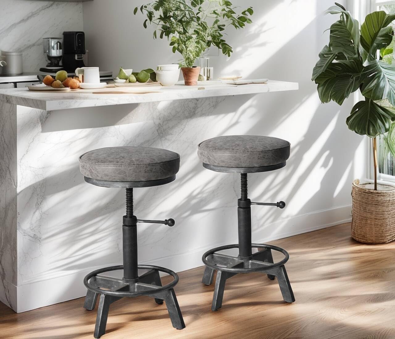 Set of 2 Swivel Pu Seat Bar Stools Industrial Style 17-24inch Height Adjustable Kitchen Stool Extra Guest Chair