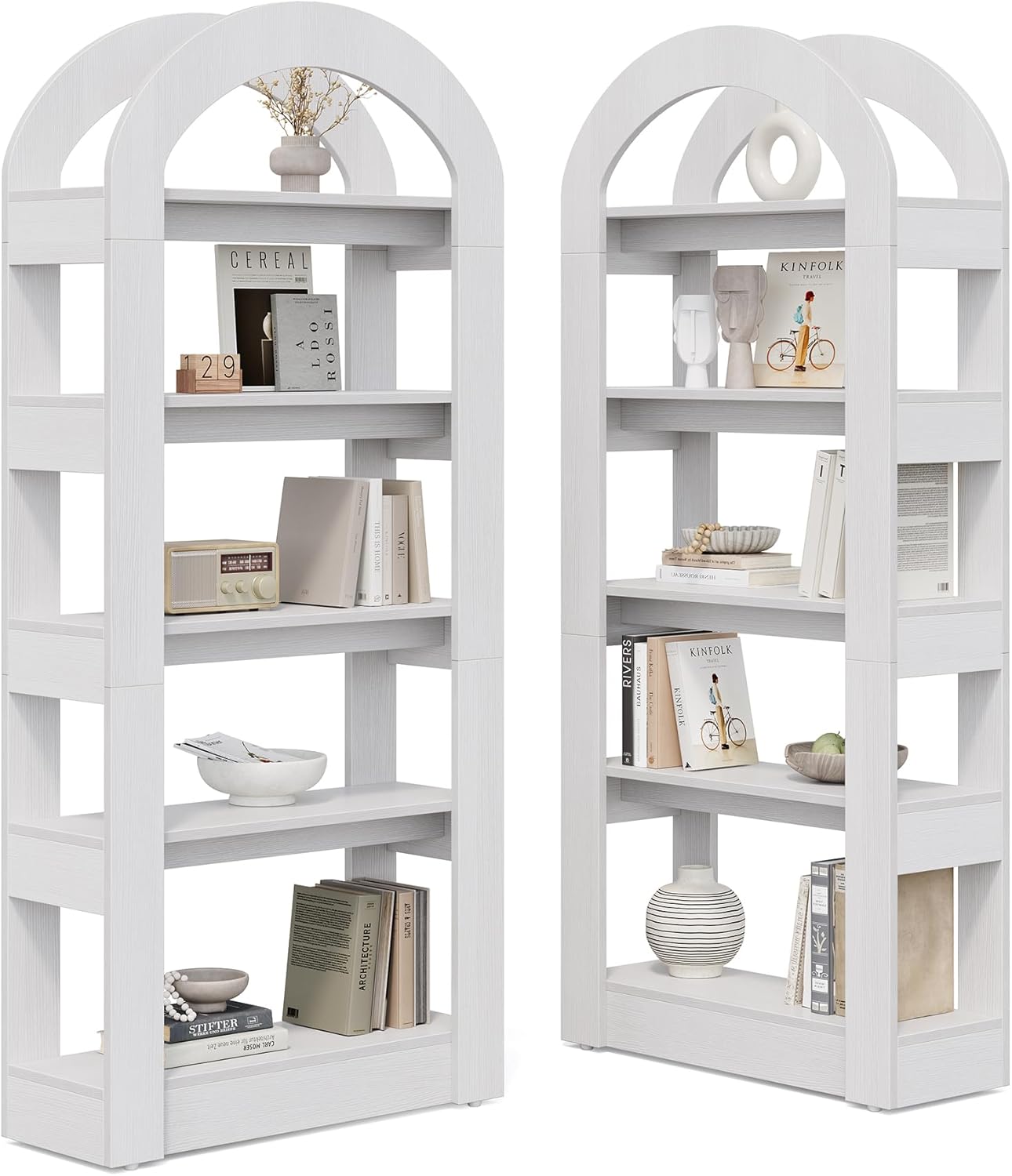 LITTLE TREE 5-Tier Bookshelf, Arch-Shaped Racks, Tall Standing Wooden Bookcase Display Shelf Modern Storage Solution (2, White)