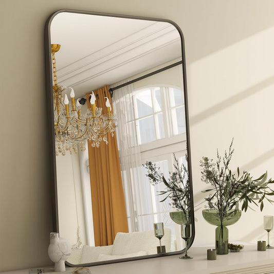 24 x 36 Inch Bathroom Mirror, Rounded Rectangular Vanity Mirror for Wall, Modern Mirror for Room Decor, Black Framed Wall-Mounted Mirrors for Home Decor, Hangs Horizontally or Vertically
