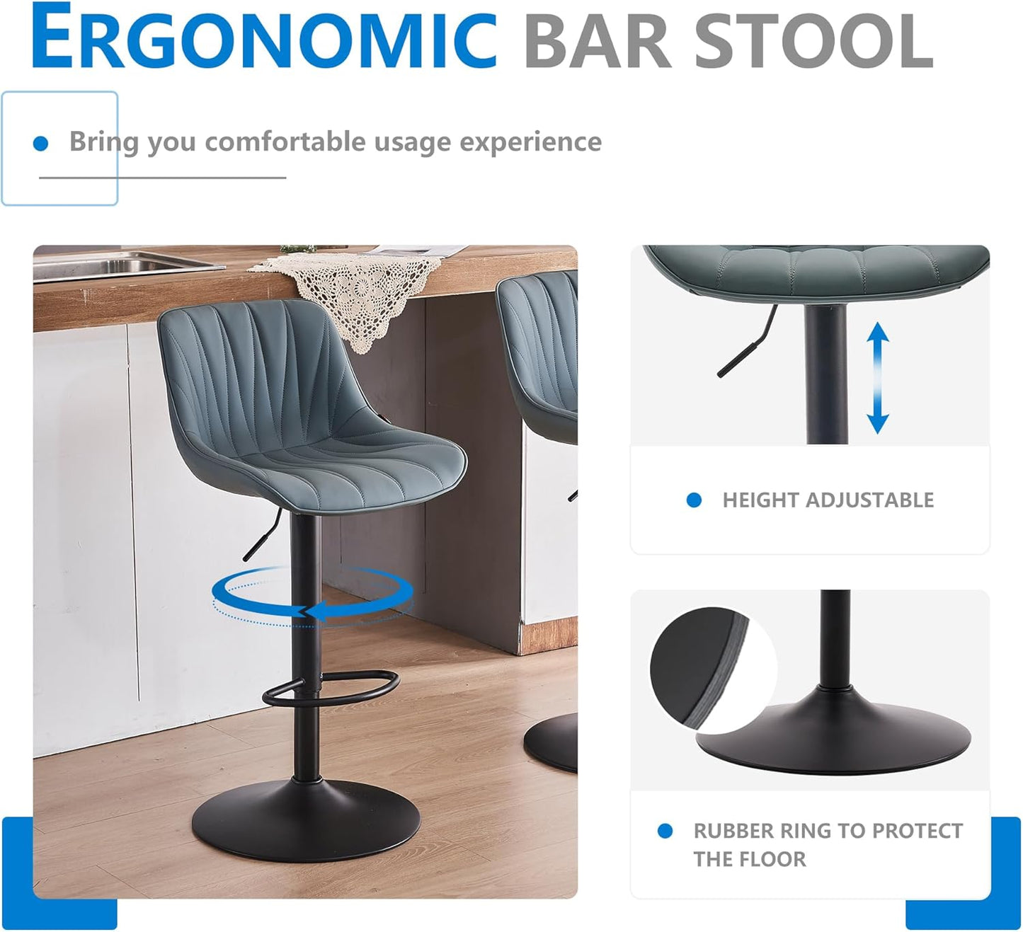 YOUNIKE Bar Stools Set of 2 for Kitchen Island, Greyblue Swivel Tall Barstools, Adjustable Bar Stool with Back, Leather Padded Bar Chairs, Modern Counter Height Stools with 300LBS Support
