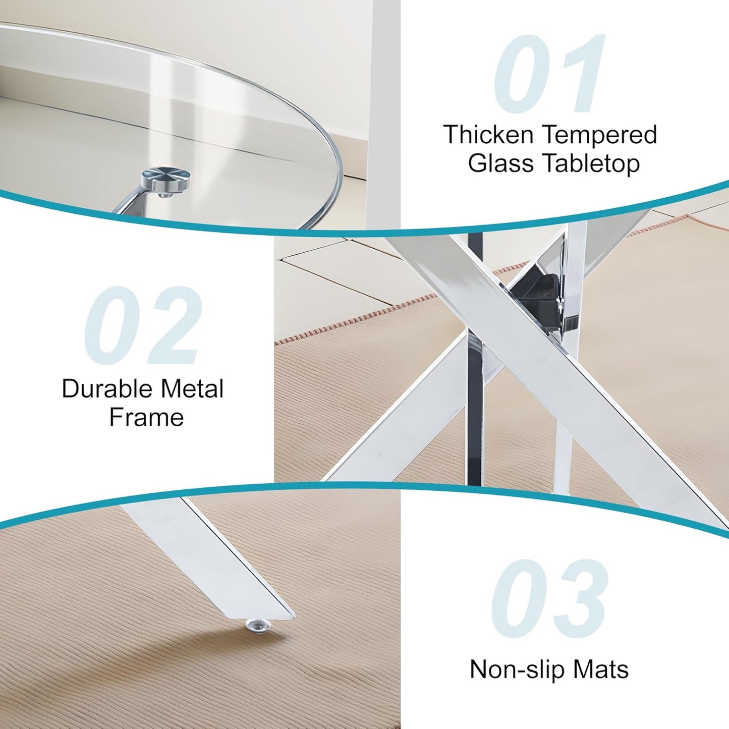 Dining Table for 4 Modern Round Dining Table 35.43" Kitchen & Dining Room Tables with Metal Legs and Glass Tabletop for Dining Room and Apartment, Chrome