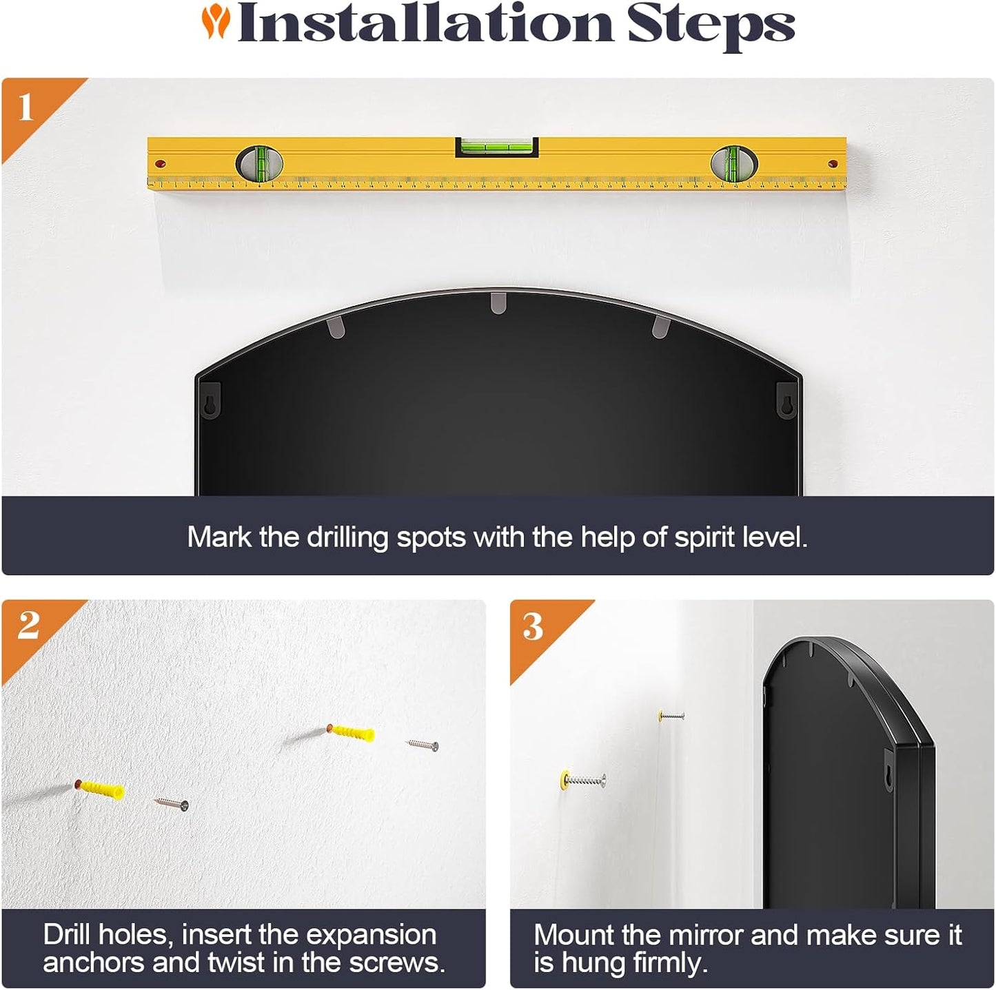 Arched Window Mirror, 24" x 48" Black Window Mirrors for Wall, Tall Farmhouse Grid Mirror for Living Room Bedroom Dining Room Fireplace Hallway Mantle Entryway