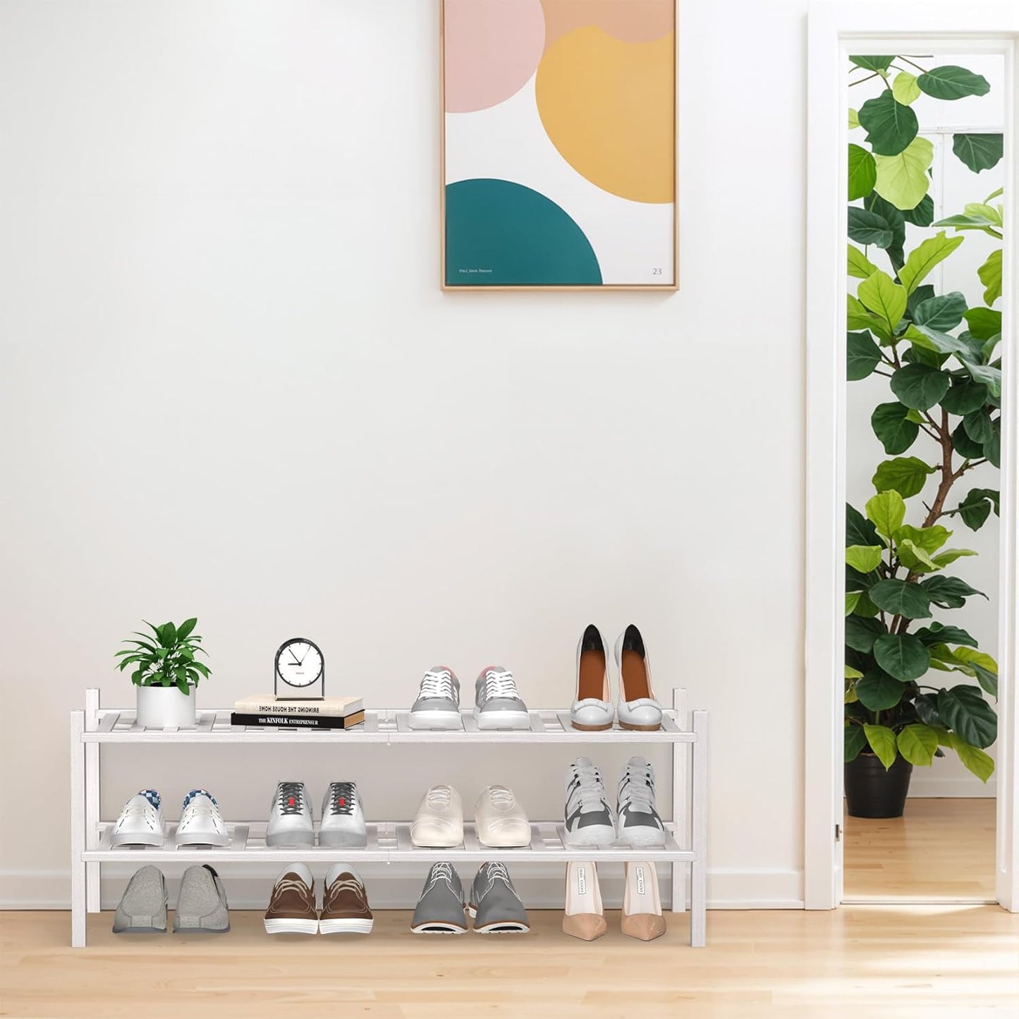 Haddockway Long 2 Tier Bamboo Shoe Rack Storage Organizer, Multifunctional Free Standing Stackable Shoe Shelf with Grid Panel for Closet,Hallway,Entryway,Small Space 34.2"x11"x13"(White, 2-Tier(Long))