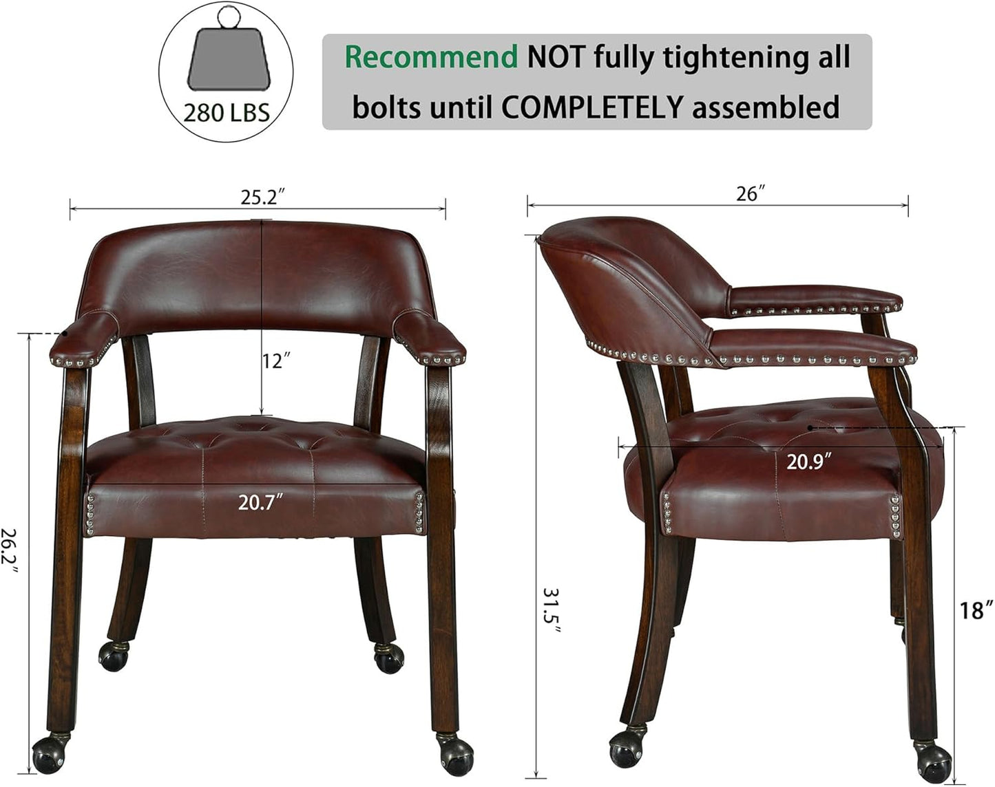 LEEMTORIG Dining Chairs with Casters and Arm, Large Rolling Dining Chairs with Wheel, Poker Table Chairs, Boss Caption's Chairs, 26"D x 25.2"W x 31.5"H, Espresso Legs & Wine Red Brown PU, XXY-1910-WR