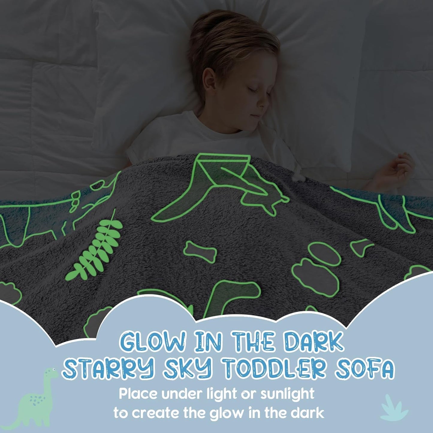 Comfy Toddler Chair and Couch for Kids with Blanket,2-in-1 Soft Plush Fold Out Toddler Couch for Girls and Boys,Convertible Sofa to Lounger for Playroom,Gray Dinosaur