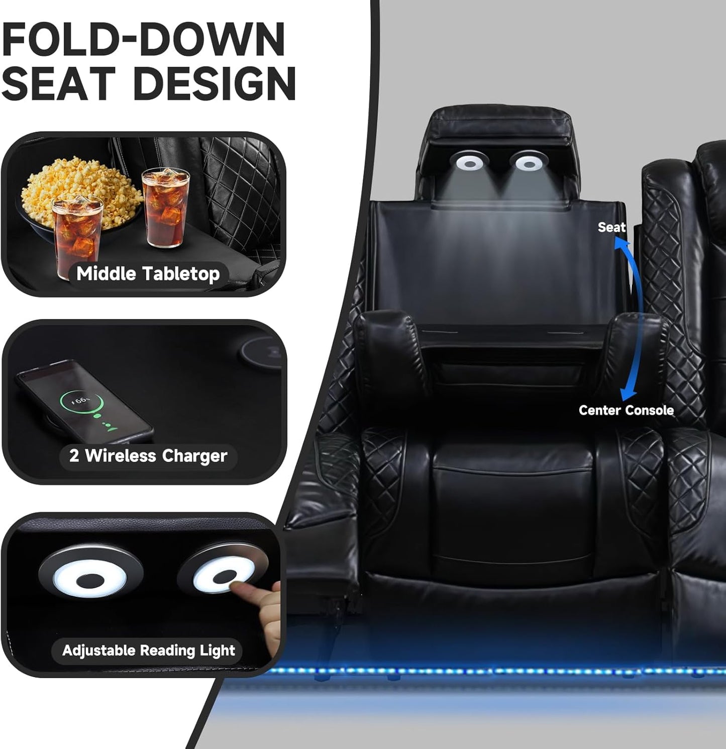 3+2+1 PU Leather Power Sectional Sofa Set, Living Room Furniture, Reclining Couch, Loveseat, Chair with LED Light/USB Ports/Storage Armrests/Center Console/Cup Holders/Wireless Chargers/Coffee Table