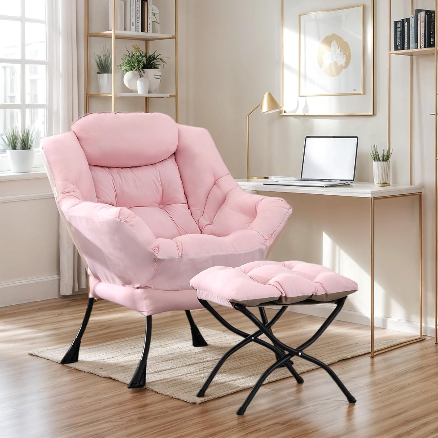 Lazy Chair with Ottoman, Large Modern Lounge Accent Chair with Armrests and Footrest, Reading Armchair with Ottoman, Leisure Sofa Chair for Living Room, Bedroom, Dorm Room, Office (Pink)