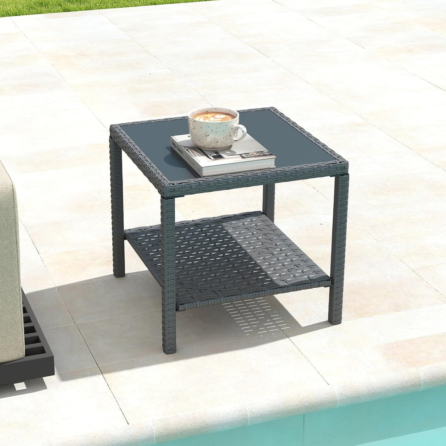 Helios&Hestia Square All Weather Rattan Wicker Outdoor Coffee Side End Table with Glass Top for Patio, Deck, Backyard, Garden, Grey