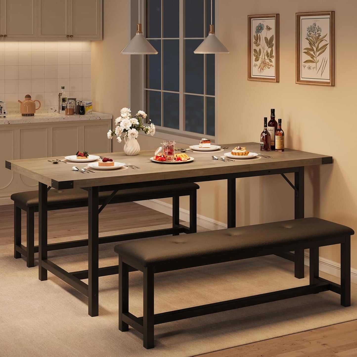 GarveeHome Dining Table Set for 4-6, 63" Extendable Wood Dining Room Table with Corner Protector & 2 Upholstered Benches, Kitchen Table Set for Apartment, Small Space, Easy Assembly,Retro Gray