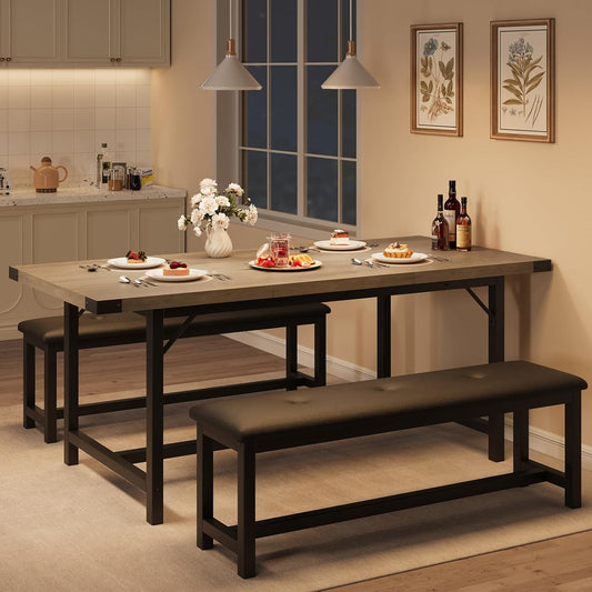 GarveeHome Dining Table Set for 4-6, 63" Extendable Wood Dining Room Table with Corner Protector & 2 Upholstered Benches, Kitchen Table Set for Apartment, Small Space, Easy Assembly,Retro Gray