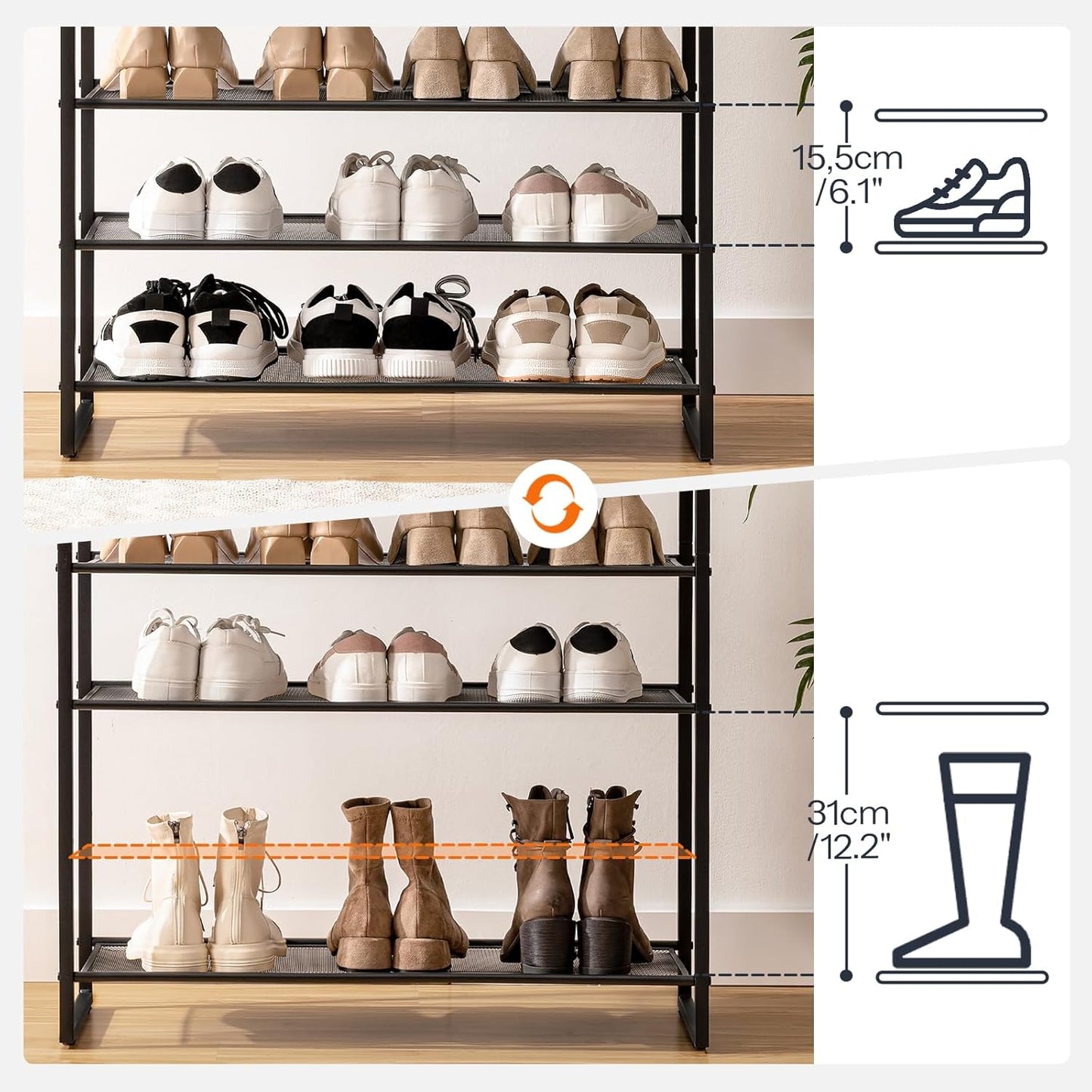 HOOBRO Shoe Rack, 12-Tier Shoe Storage Organizer, Large Capacity Shoe Shelf for Front Door Entrance, Entryway, Closet, Holds 36-48 Pairs of Shoes, Closet, Greige and Black BG127XJ01