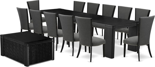 X12VE-0C6-50 - 14-Pc Dining Room Set a Rectangular Dining Table with a coffee Table and 12 Dark Gotham Grey Linen Fabric kitchen Chair, 39x120 Inch, Wire Brushed Black