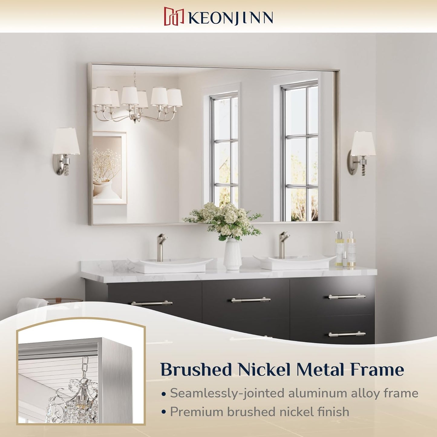 Keonjinn Brushed Nickel Bathroom Mirror 60 x 40 in Rectangle Frame Mirror for Over Sink, Rectangular Metal Framed Vanity Mirror Square Corner Aluminum Alloy Modern Silver Mirror(Horizontal/Vertical)