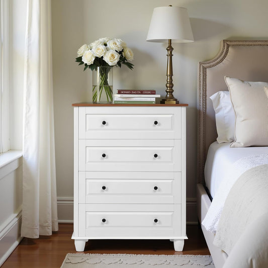 Farmhouse 4 Drawers Dresser for Bedroom, 29.1" Wide Wood Chest of Drawers with Metal Handle, Tall Storage Dressers Organizer for Bedroom, Living Room, Hallway, Ivory White