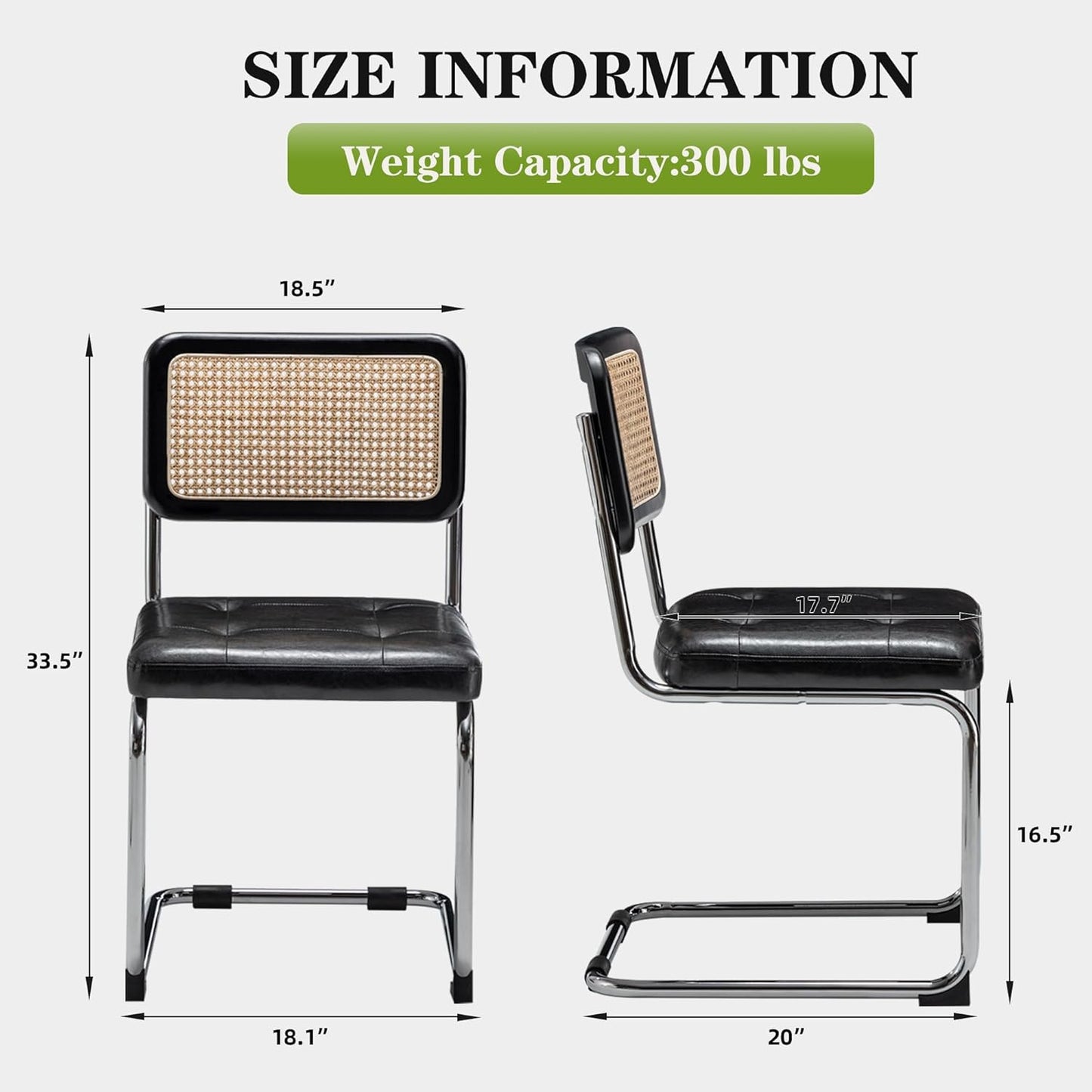 Rattan Dining Chairs Set of 2 Mid Century Modern Kitchen Chairs with Natural Rattan Backrest Oak Frame and Upholstered Pu Seat Chairs with Metal Legs, Black