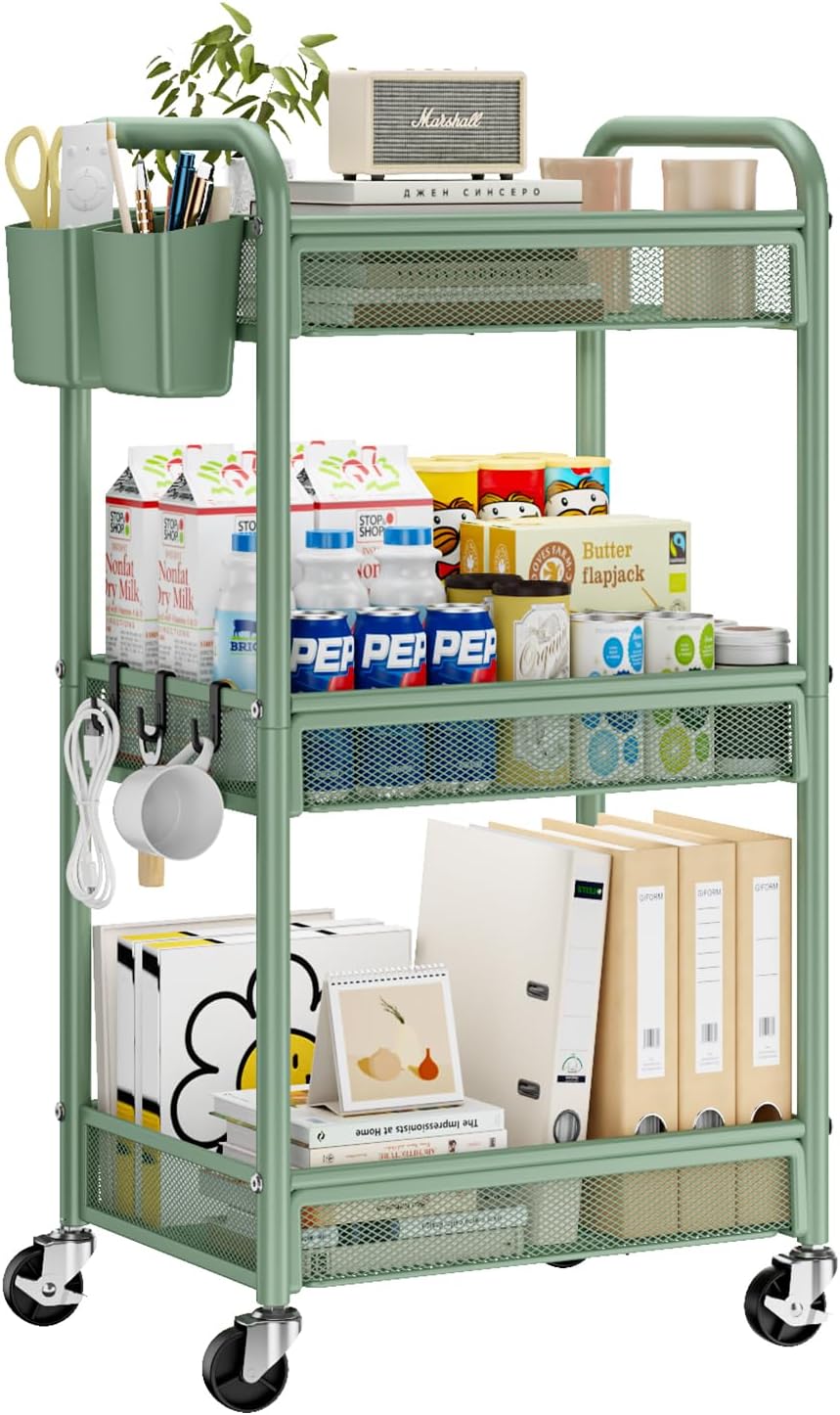 YASONIC 3 Tier Rolling Cart – Metal Utility Storage Cart with Wheels, Craft Carts Organizer with Hanging Cups, Hooks, Mesh Basket for Bedside Kitchen Office Art, Green