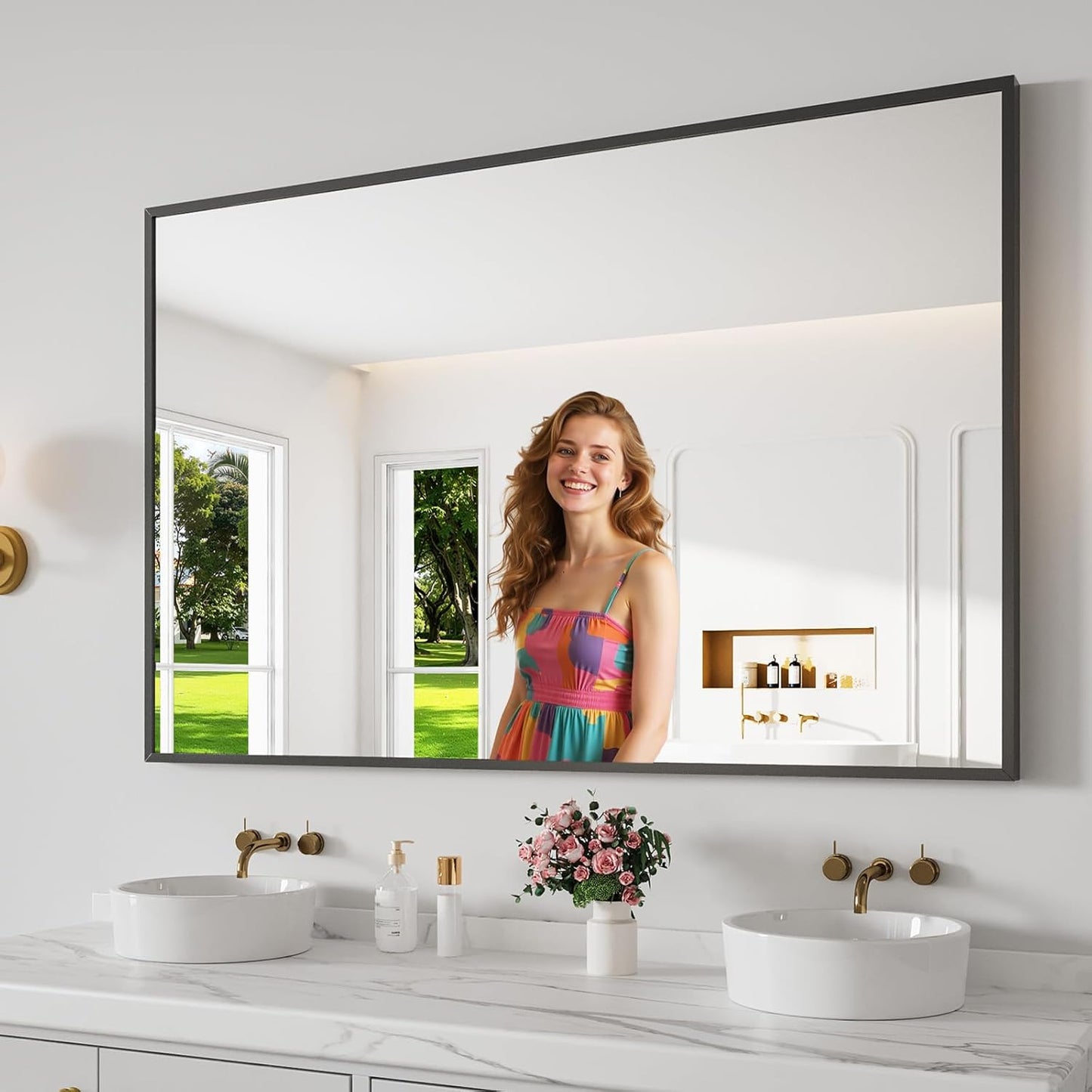 Bathroom Mirror 36x55 Black Bathroom Wall-Mounted Mirrors, Modern Vanity Mirror for Bedroom, Living Room, Aluminum Alloy Frame Allow to Hang Horizontally or Vertically