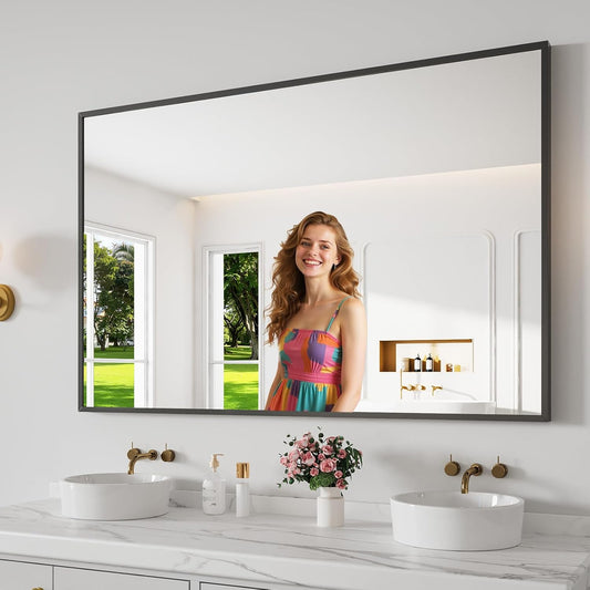 Bathroom Mirror 36x55 Black Bathroom Wall-Mounted Mirrors, Modern Vanity Mirror for Bedroom, Living Room, Aluminum Alloy Frame Allow to Hang Horizontally or Vertically
