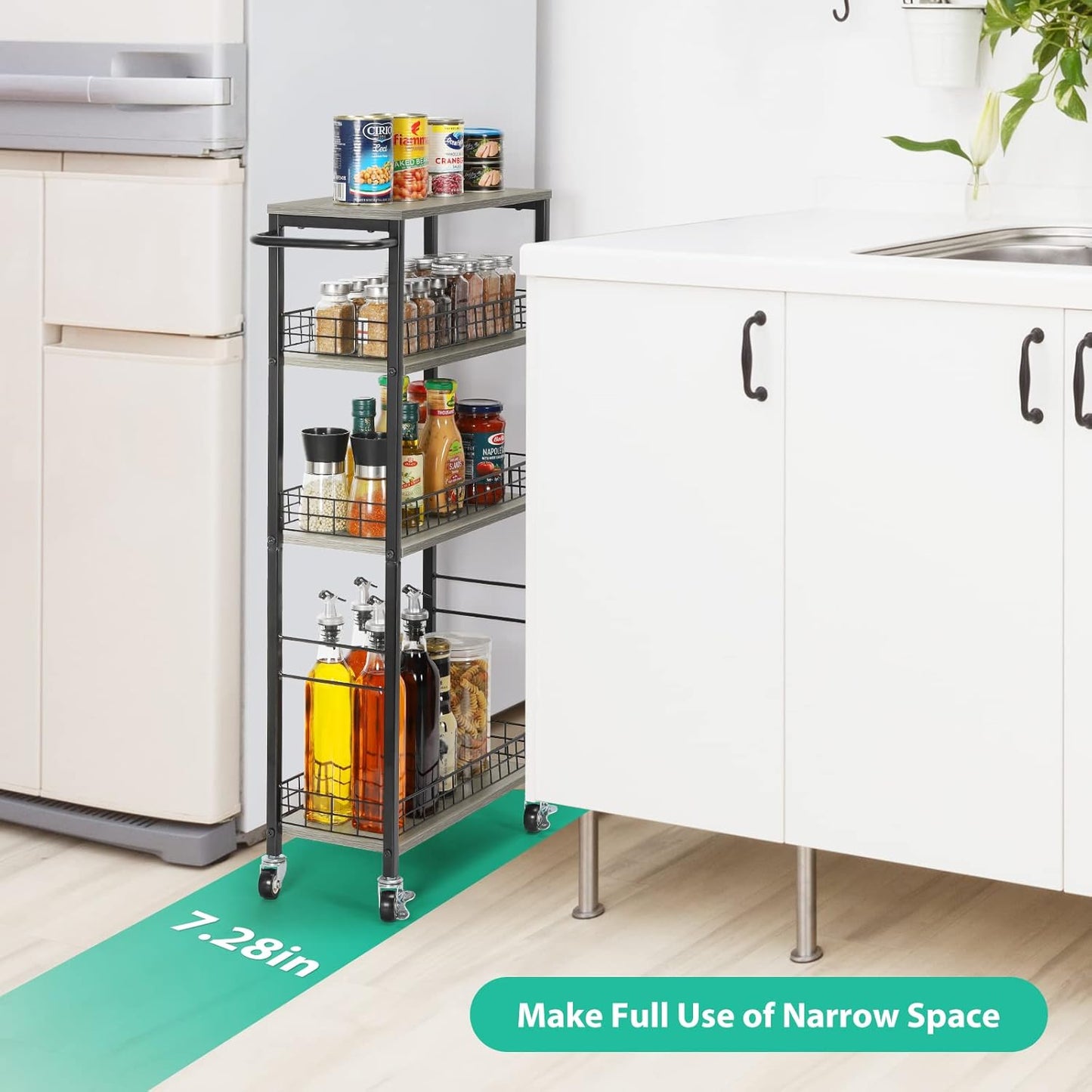 YBING Slim Storage Cart 4 Tier Narrow Rolling Cart on Wheels Mobile Kitchen Narrow Cart with Wooden Tabletop Grey Slim Utility Kitchen Storage Cart with Handle for Living Room 7.3''Wide