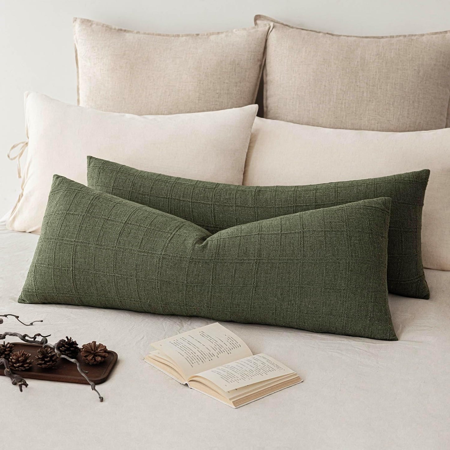 Foindtower Set of 2 Decorative Linen Check Throw Pillow Covers Neutral Long Body Lumbar Cushion Covers Farmhouse Vintage Boho Home Decor For Sofa Chair Couch Bedroom Living Room,14×36 Inch,Olive Green