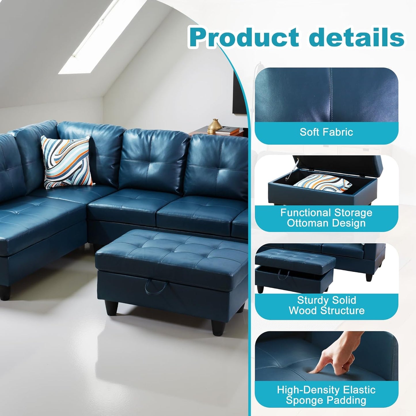L Shaped Couch PU Leather Sectional Couch Upholstered 3 Pieces Sofas for Living Room with Chaise, Storage Ottoman for Office and Small Apartment, Peacock Blue