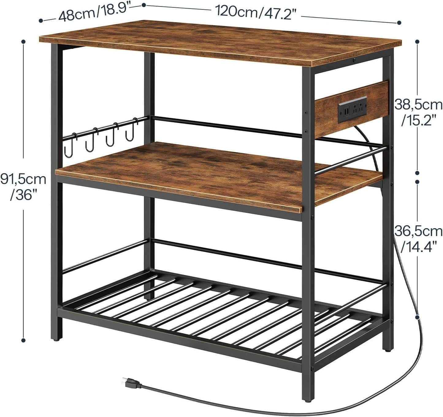 HOOBRO Kitchen Island with Storage, Kitchen Island Table with Power Outlet, 47.2" L 3 Tier Coffee Station and Microwave Stand, for Home, Kitchen and Dining Room, Rustic Brown and Black BF120UZD01