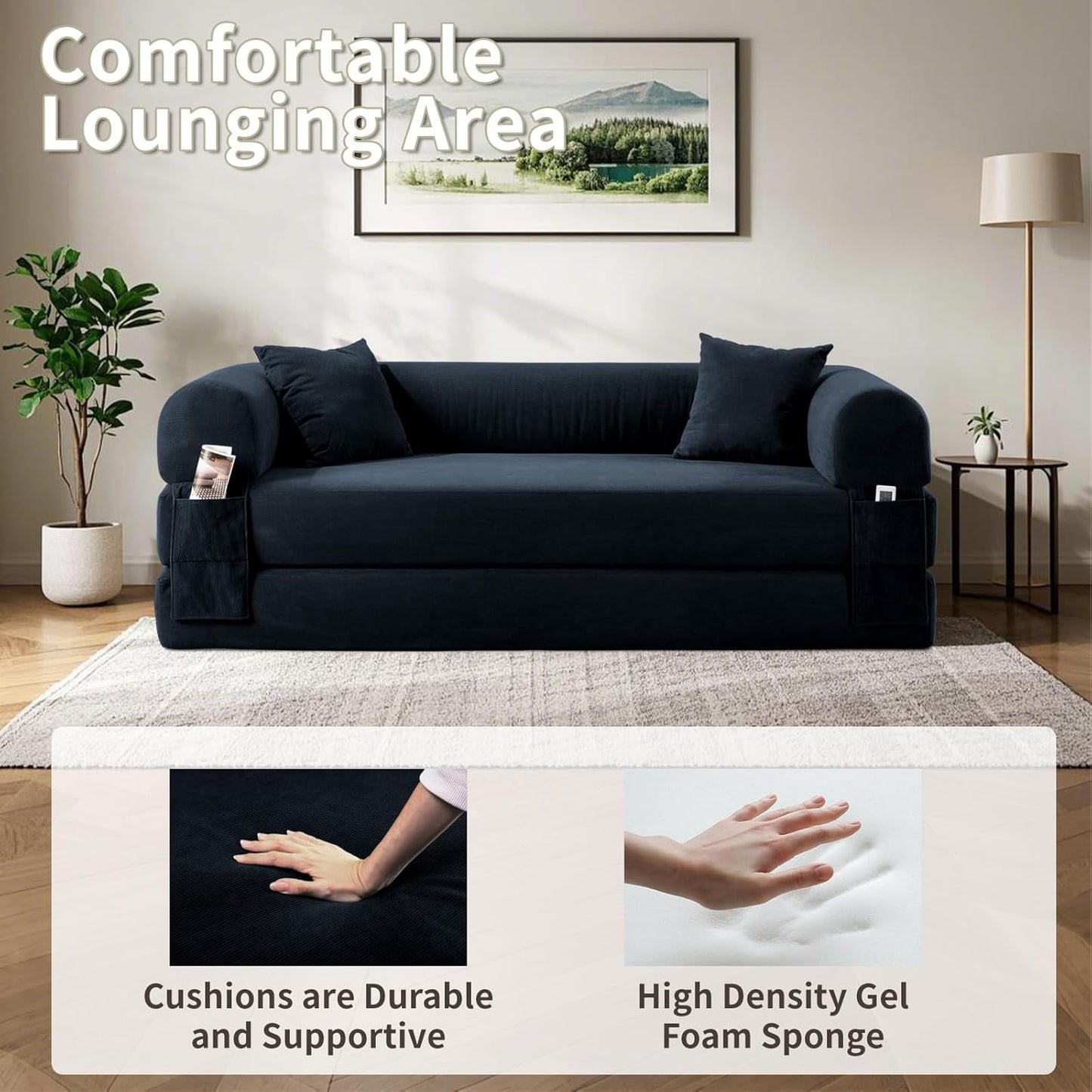 80" Convertible Sofa Bed, Corduroy Deep Seat Folding Pull Out Couch with Pillows, No Assembly Modern Boneless Couch Compression Sofa in Box, Floor Sofa with Storage Pocket for Living Room,Navy Blue